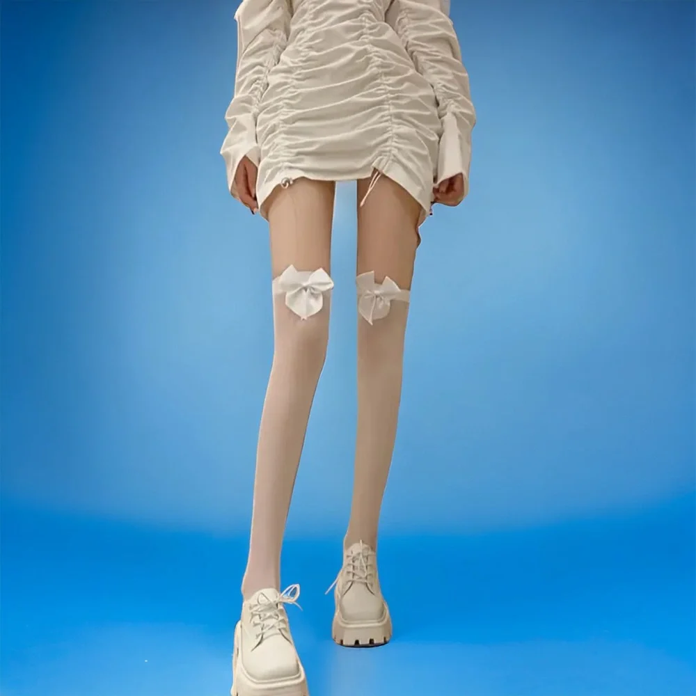 White Bow Thin Light Smooth Over The Knee‎ Socks Women's Stockings  One Size